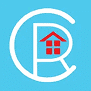 Logo CR immobilier blanc sur fond bleu, intégrant une maison rouge stylisée (toit et fenêtres) au cœur du R, symbole de construction ou de service immobilier.